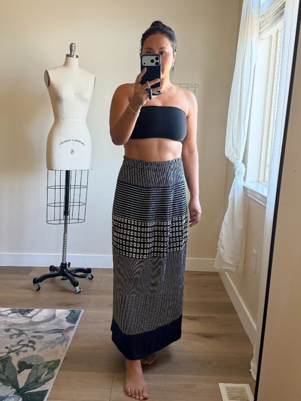 Vintage Boho Midi Skirt | Black & White Geometric Print | Pleated | S/M